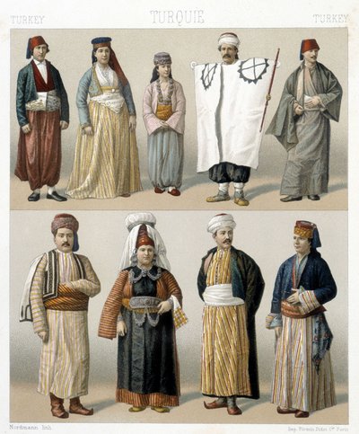 19世紀のトルコのコスチューム。Racinetによる「Le costume historique」のイラスト 作： Albert Charles August Racinet
