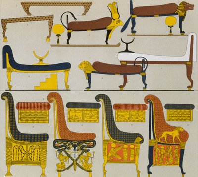 古代エジプトの家具（Spiegelによるリトグラフ）（Auguste Racinet著「Le Costume Historique（衣装の歴史）」第2巻より 作： Albert Charles August Racinet