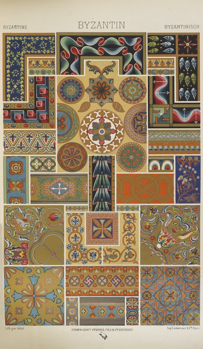 ビザンチン、「多色刷りの装飾」のプレート31。金、銀、色の百枚の皿」より 作： Albert Charles August Racinet