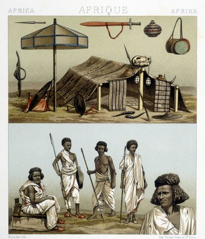 ヌビアのキャンプと民族衣装。Racinetによる「Le costume historique」のイラスト 作： Albert Charles August Racinet