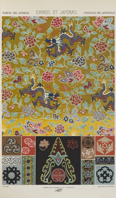 中国と日本、「多色刷りの装飾品」のプレート13。金・銀・色の百枚の皿」より 作： Albert Charles August Racinet