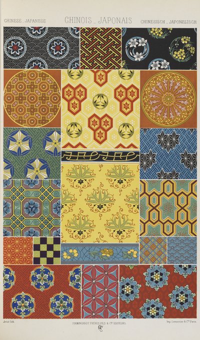 中国と日本、「多色刷りの装飾品」のプレート15。金・銀・色の百枚の皿」より 作： Albert Charles August Racinet