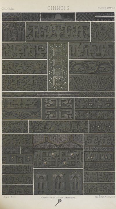 中国語、「多色刷りの装飾品」のプレート10。金、銀、色の百枚の皿」より 作： Albert Charles August Racinet
