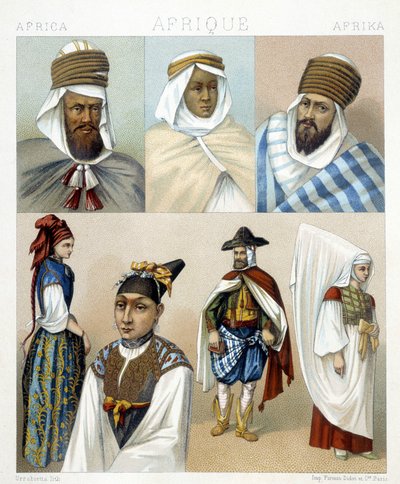 アルジェリアの衣装と髪型。Racinetによる「Le costume historique」のイラスト 作： Albert Charles August Racinet