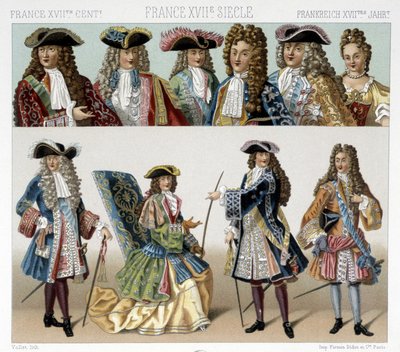 18世紀のフランス貴族の衣装と髪型。ラシネの「Le costume historique」に掲載されたイラスト 作： Albert Charles August Racinet