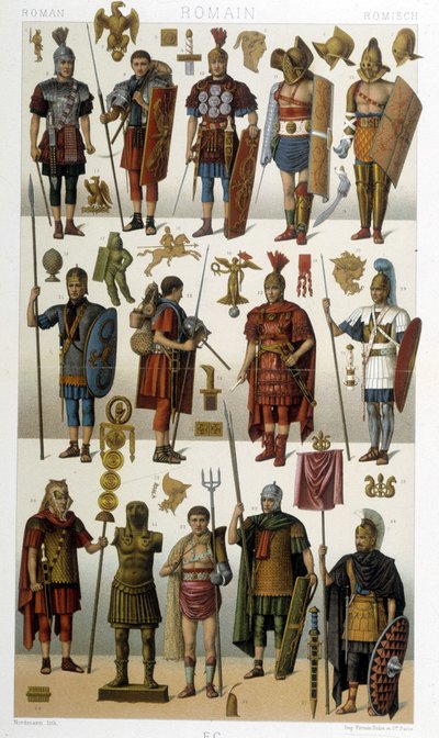 古代ローマの兵士、戦士、剣闘士の衣装、甲冑、武器 - ラシネの「歴史的衣装」にて 作： Albert Charles August Racinet
