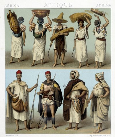アルジェリアとチュニジアのコスチューム。Racinetによる「Le costume historique」のイラスト 作： Albert Charles August Racinet