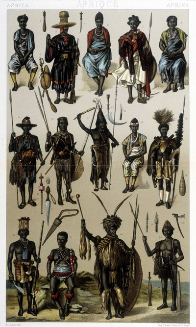 ギニー、セネガル、ガボンのコスチューム。Racinetによる「Le costume historique」のイラスト 作： Albert Charles August Racinet