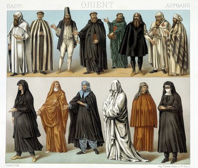 19世紀の中東における修道士や宗教者のコスチューム。ラシネの「Le costume historique」に掲載されたイラスト 作： Albert Charles August Racinet