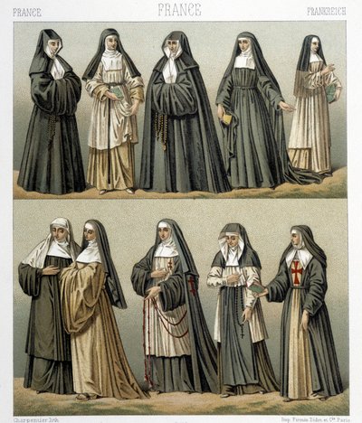 18世紀のフランスにおける修道女の衣装。ラシネの「Le costume historique」に掲載されたイラスト 作： Albert Charles August Racinet