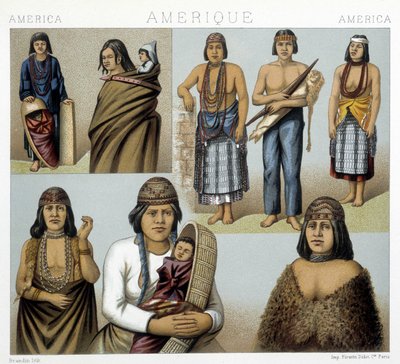 カリフォルニア・インディアンのコスチューム。ラシネによる「歴史的衣装」のイラスト 作： Albert Charles August Racinet