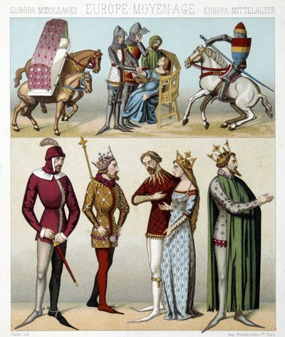 フランスの中世のコスチューム。ラシネの「Le costume historique」に掲載されたイラスト 作： Albert Charles August Racinet