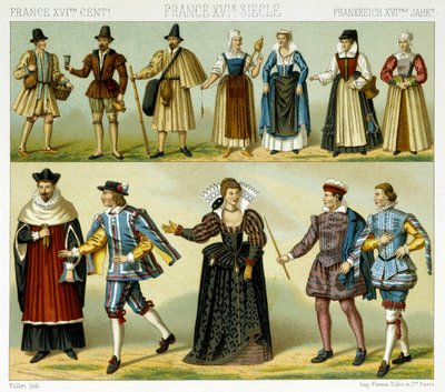 16世紀のフランスの貴族の衣装と大衆の衣装。クロモリトグラフ版（Racinet著「Le costume historique」所収 作： Albert Charles August Racinet