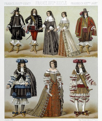 18世紀のフランスにおける貴族のコスチューム。ラシネの「Le costume historique」に掲載されたイラスト 作： Albert Charles August Racinet