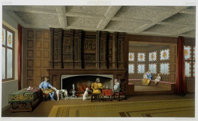 17世紀に建てられた家にいるイギリスの領主とその家族。クロモリトグラフ版-Racinetの「Le costume historique」の中で 作： Albert Charles August Racinet