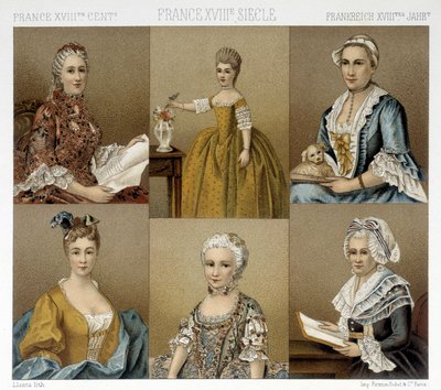 18世紀のフランスのフェミニン・ファッション。ラシネの「Le costume historique」に掲載されたイラスト 作： Albert Charles August Racinet