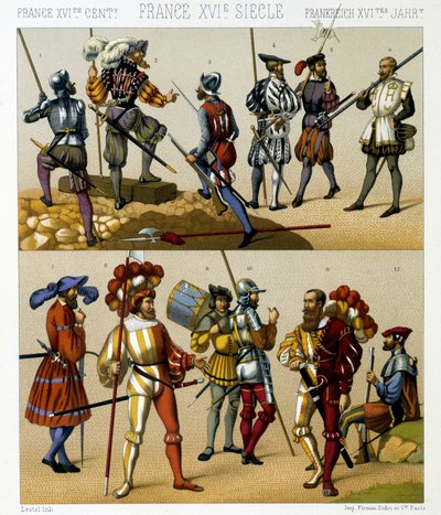 16世紀のフランス軍のコスチューム。クロモリトグラフ版（Racinet著「Le costume historique」所収 作： Albert Charles August Racinet