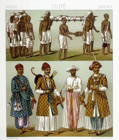 インドでの葬儀（写真上）と商人（写真下）の様子。ラシネの「Le costume historique」に掲載されている絵 作： Albert Charles August Racinet