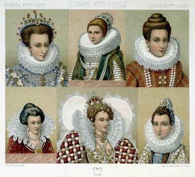 16世紀のフランスにおける髪結い（およびマリー・ド・メディチの肖像） - 19世紀後半、Racinetによる「Le costume historique」にて 作： Albert Charles August Racinet