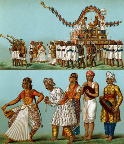 インド、パレード、音楽、踊り、オーギュスト・ラシネ（1825-1893）作、リトグラフは『Le Costume Historique』第1巻より。 作： Albert Charles August Racinet
