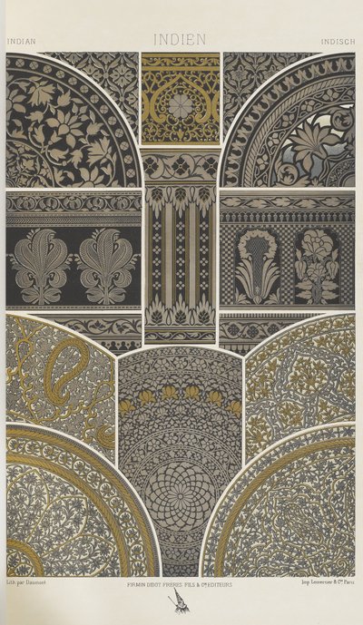 インド、「多色刷りの装飾品」のプレート16。金、銀、色の百枚の皿」より 作： Albert Charles August Racinet