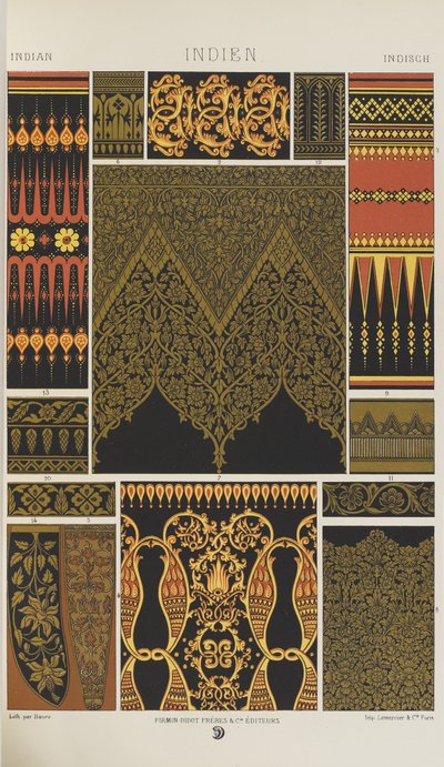 インド、「多色刷りの装飾品」のプレート17。金、銀、色の百枚の皿」より 作： Albert Charles August Racinet