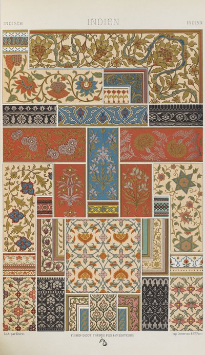 インド、「多色刷りの装飾品」のプレート18。金、銀、色の百枚の皿」より 作： Albert Charles August Racinet