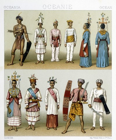 インドネシアのセレベス諸島に住む人々。ラシネの「Le costume historique」に掲載されたイラスト 作： Albert Charles August Racinet
