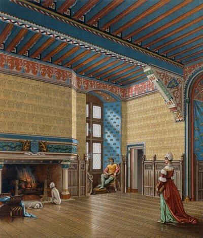 15世紀フランスの住居の内部 シャルパンティエのリトグラフ 「Le Costume historique（完全な衣装の歴史）」より 作： Albert Charles August Racinet