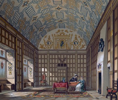 16世紀イギリスの住居の内部（『Le Costume historique（完全な衣装の歴史）』より、Gaulardによるリトグラフ 作： Albert Charles August Racinet