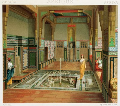 カイロの富裕層の家の内部（Auguste Racinet著「Complete Costume History」より）。 作： Albert Charles August Racinet