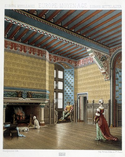 中世の荘厳な住居の内部-ラシーネの「歴史的衣装」にて 作： Albert Charles August Racinet