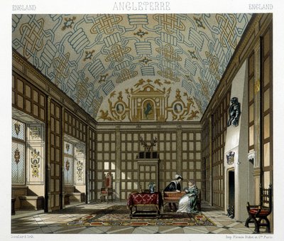 17世紀のイギリスの大邸宅の内部。ラシネの「Le costume historique」に掲載されているイラスト 作： Albert Charles August Racinet