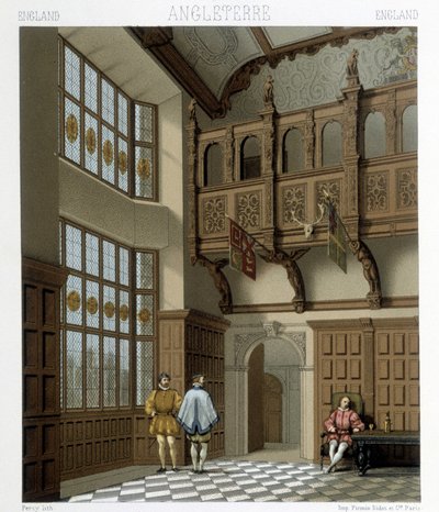 18世紀のイギリスの大邸宅の内部。ラシネの「Le costume historique」に掲載されているイラスト 作： Albert Charles August Racinet