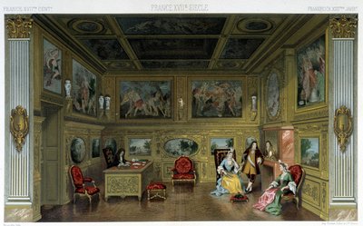 18世紀の豊かな家の中の男女の姿。ラシネの「Le costume historique」に掲載されているイラスト 作： Albert Charles August Racinet