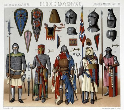 13世紀から15世紀のフランスの軍装と兜。Racinetによる「Le costume historique」のイラスト 作： Albert Charles August Racinet