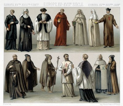 15世紀から18世紀のヨーロッパにおける修道院の衣装。ラシネの「Le costume historique」に掲載されたイラスト 作： Albert Charles August Racinet