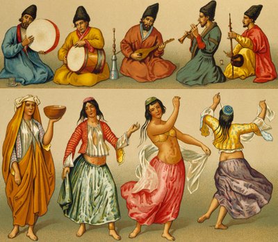 ペルシャの音楽家と踊り子、ダンブルジェによるリトグラフ、『Le Costume historique（全服飾史）』第1巻より 作： Albert Charles August Racinet