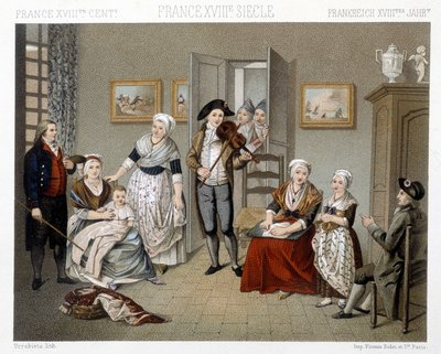 音楽家が家の中で家族のために演奏しているところ。ラシネの「Le costume historique」に掲載されたイラスト 作： Albert Charles August Racinet