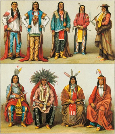 ミシシッピとコロラドのネイティブ・アメリカン、NordmannとSahnによるリトグラフ、Le Costume Historique, Volume 2より。 作： Albert Charles August Racinet