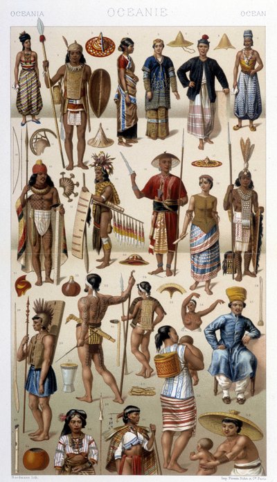 マレーシア、ポリネシア（オセアニア）の人々。ラシネによる「Le costume historique」のイラスト 作： Albert Charles August Racinet