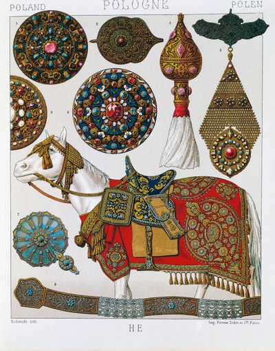 ポーランドの装飾品、馬のユサール、リトグラフはSchmidtのCostume historique, Volume Vから引用。 作： Albert Charles August Racinet