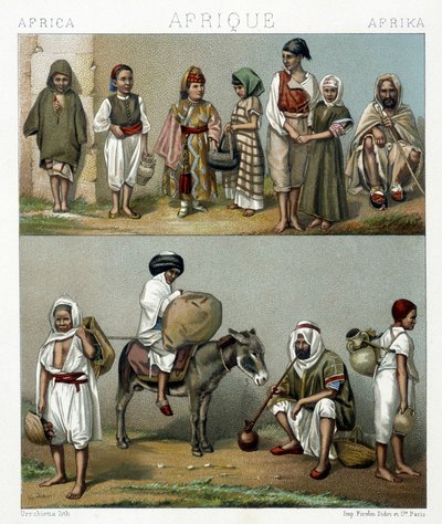アルジェリアとチュニジアの人気コスチューム。Racinetによる「Le costume historique」のイラスト 作： Albert Charles August Racinet
