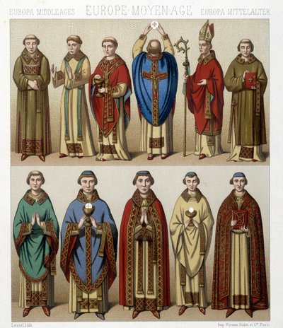中世のヨーロッパにおける宗教衣装。ラシネの「Le costume historique」に掲載されたイラスト 作： Albert Charles August Racinet