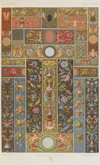 ルネッサンス、「多色刷りの装飾」のプレート57。金、銀、色の百枚の皿」より 作： Albert Charles August Racinet