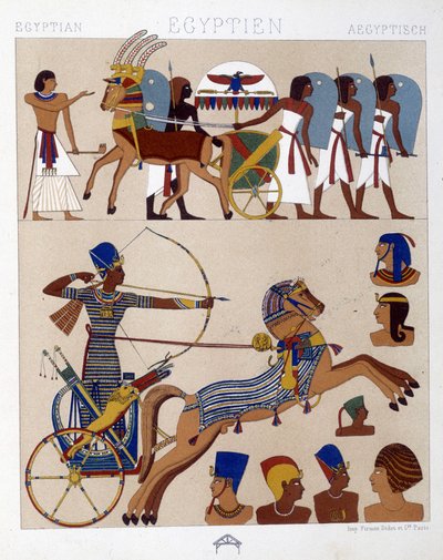 戦車に乗ったラムセス2世を含む古代エジプトのフレスコ画の複製 - ラシネの「歴史的衣装」にて 作： Albert Charles August Racinet