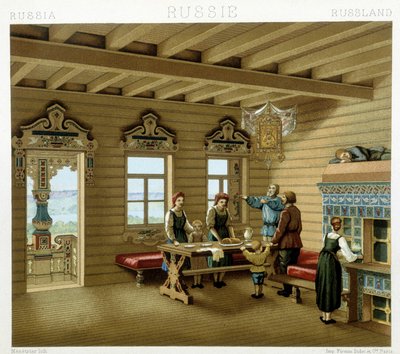 19世紀のロシアの典型的な住居に住むロシア人家族。クロモリトグラフ版（Racinet作「Le costume historique」所収 作： Albert Charles August Racinet