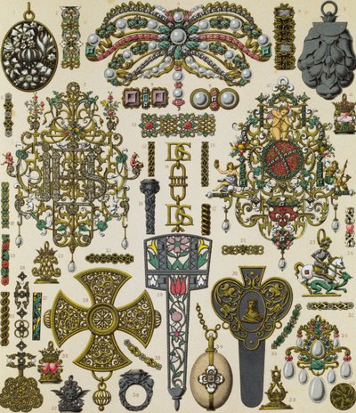 17世紀のジュエリー、Le costume historique, Volume Vに掲載されたSchmidtによるリトグラフ。 作： Albert Charles August Racinet