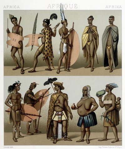 伝統的なカフェレリーの衣装（アフリカのメリディオナル地域）。Racinetによる「Le costume historique」のイラスト 作： Albert Charles August Racinet