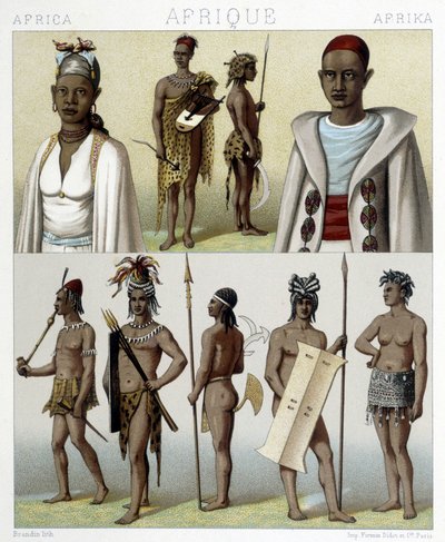 ティンブクトゥと上ナイルの伝統的な衣装とジュエリー。Racinetによる「Le costume historique」のイラスト 作： Albert Charles August Racinet
